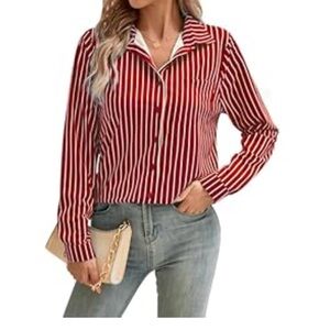 COUXILY Women’s Red & White Striped Button Down Shirt/Blouse |S| Business Casual